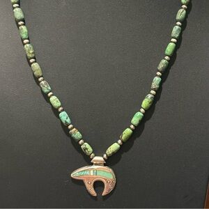 Vintage Sterling Silver Navajo Pearls Turquoise  Fetish Bear Pendant Necklace